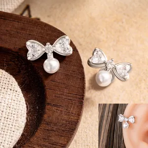 Helix Stud Earrings With Titanium Steel Earring Post Bowknot Heart Zircon Artificial Pearl Screw Back Double Headed Cute Jewelry