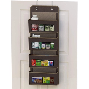 Brown wall-mounted 4-shelf organizer with clear windows and metal hooks for storage