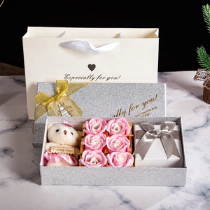 Preserved soap rose gift box with pink flowers, teddy bear, and premium silver glitter bag