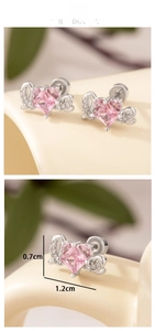Detailed view of pink zircon heart stud earrings with dimensions 0.7cm by 1.2cm