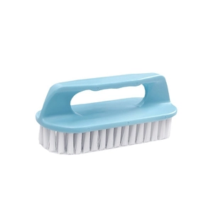 Blue rectangular bathroom cleaning brush with white bristles and ergonomic handle