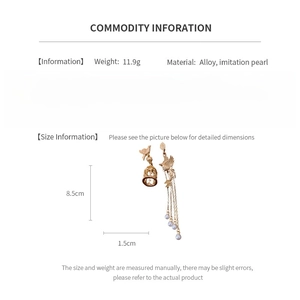 Detailed view of asymmetric birdcage pearl tassel earrings with size and weight info