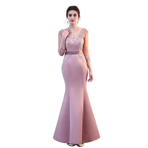 Elegant V-neck lace beaded mermaid evening gown in dusty pink with slim fit silhouette
