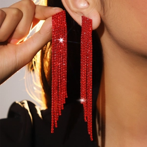 Elegant Red Rhinestone Long Tassel Earrings For Women High-End Sparkly Dangle Earrings With Stainless Steel Post Party Wedding Jewelry