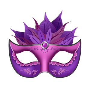DIY colorful masquerade party mask with purple feathers and pink glitter patterns