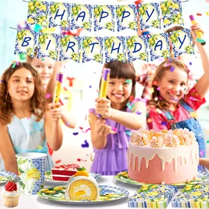 Lemon and blue tile birthday party set with banner, paper plates, cups and napkins