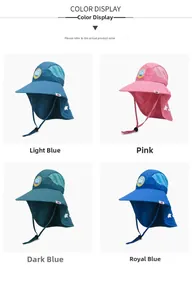 Detail view of four kids sun hats with neck flaps in light blue, pink and dark blue colors