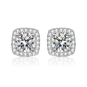Elegant 925 sterling silver square halo stud earrings with round brilliant moissanite stone