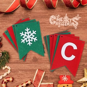 Christmas party red felt banner with snowflake designs and letters on wood background
