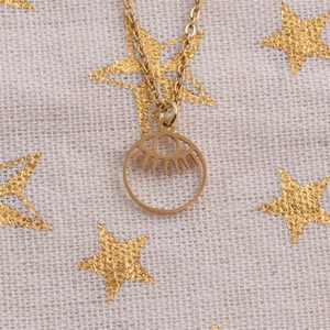Golden titanium steel Evil Eye pendant necklace on star pattern fabric background