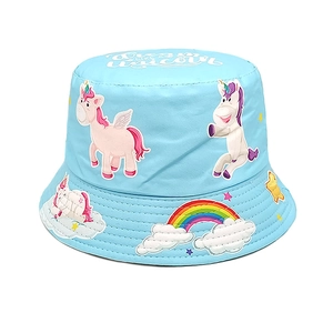 Detailed close-up of blue kids sun hat with unicorn and rainbow print design