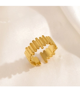 Detailed view of an 18K gold plated stainless steel ring with a ribbed gear texture