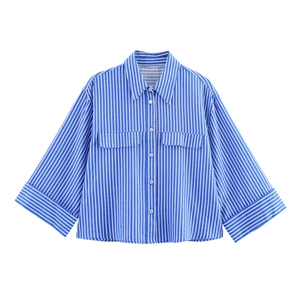 Women Linen Blend Striped Shirt Turn Down Collar Loose Casual Blouse With Chest Pockets
