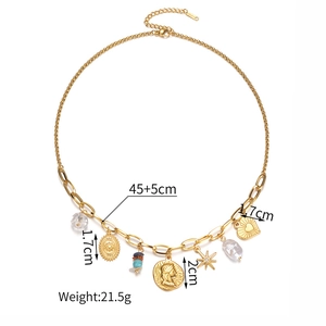 Detail showing multi-pendant necklace dimensions including coin, pearl, and star charms