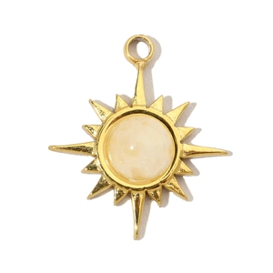 Detail view of a gold sunburst pendant with a round natural stone inlay in a minimalist design