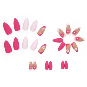Pink floral almond press-on nails set with peach blossoms and gold line accents