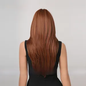 Detail of reddish-brown ombre long straight hair wig with a layered V-cut back view