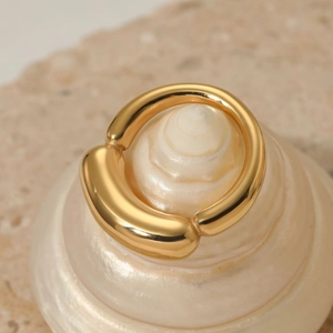 Minimalist gold plated stainless steel ring displayed on a natural shell and stone