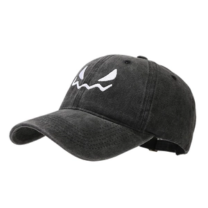 Distressed charcoal baseball cap with white cartoon devil face embroidery for Halloween