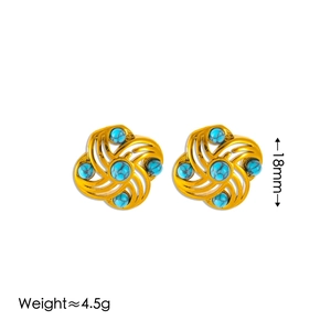 Detail view of 18mm golden windmill earrings featuring blue turquoise stone inlay