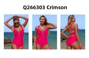 Detailed views of scarlet one-piece swimsuit featuring halter neck and gold ring detail