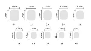 Detailed size chart showing width and length for French style press-on nail tips