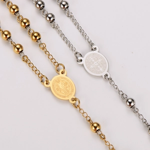 Saint Benedict gold and silver stainless steel bead Y-necklace with religious medals