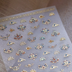 Nail Stickers Chinese Traditional Style 5D Embossed Gold Foil Pattern Lotus Auspicious Cloud Adhesive DIY Decorative Manicure