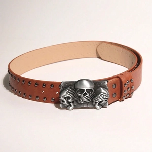 Ceinture punk en cuir marron avec boucle de crânes et doubles rangées de rivets noirs