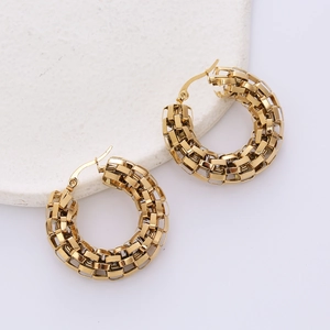 Golden mesh woven round hoop earrings in polished stainless steel for a stylish look
