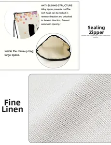 Detail of durable alloy zipper and high-quality fine linen fabric on makeup bag