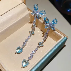 Butterfly Heart Tassel Drop Earrings Copper Zircon With Silver Earring Post Light Blue Elegant Jewelry For Women