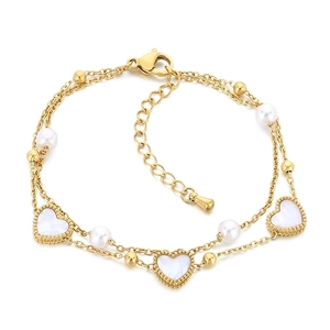 Double-layered stainless steel heart pendant bracelet with white pearls on white background