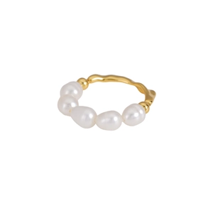 Elegant 925 sterling silver wavy gold ring with five irregular white pearls for women
