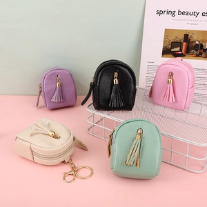 Mini backpack coin purse with tassel zipper and keychain in five assorted colors
