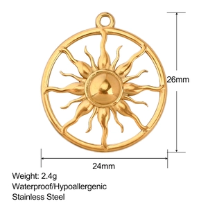 Gold celestial sun pendant charm made of waterproof stainless steel for DIY jewelry