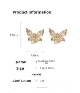 Detail view of pearl butterfly hair clip set with 2.8x1.9cm dimensions and rhinestones