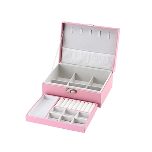 Pink double-layer PU leather jewelry box with two levels and drawer storage space