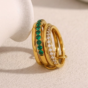 Three-piece 18K gold plated stainless steel stacking ring set with green and white zircons