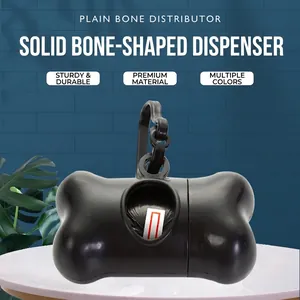 Black bone-shaped pet waste bag dispenser with hook on a white circular base