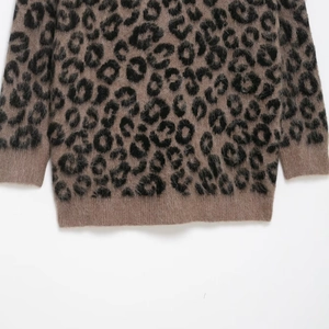 Women's leopard print cardigan sweater with plush texture and V-neck knit fabric