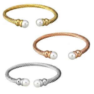 Elegant Open Cuff Bangle Bracelet Women 316L Titanium Stainless Steel Twisted Cable Design With Double White Faux Artificial Pearls