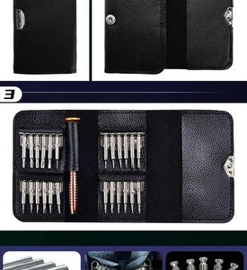 Macro view of 25-in-1 precision screwdriver set with leather wallet storage case