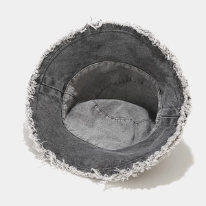 British style washed denim bucket hat with frayed edges in dark grey for women