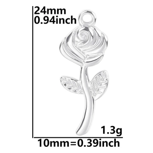 Silver rose flower pendant dimensions 24mm by 10mm with weight of 1.3g shown on white background
