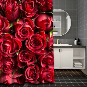 Detailed close-up of a red rose floral waterproof polyester shower curtain in a modern bathroom