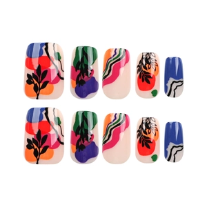 Abstract botanical press-on nails set with colorful leaf patterns on white square tips