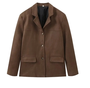 Flat lay view of a brown faux suede jacket with classic notched lapels and three buttons