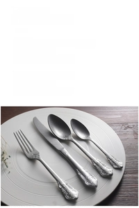 Detailed view of vintage relief pattern on stainless steel cutlery set with matte finish