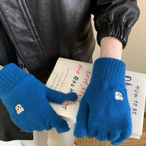 Blue knitted fingerless gloves with bear embroidery and touch screen capability for women